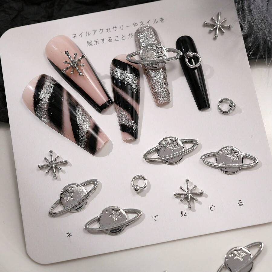 12pcs/Set 6 Style Assorted Mixed Alloy Nail Art Charm For Vintage Punk Style, Charm Design Decoration - Silver - View 1