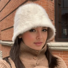 Women's Fluffy Bucket Hat For Autumn And Winter, Warm And Stylish Korean And Japanese Style Bucket Hat Elegant - Beige - View 2