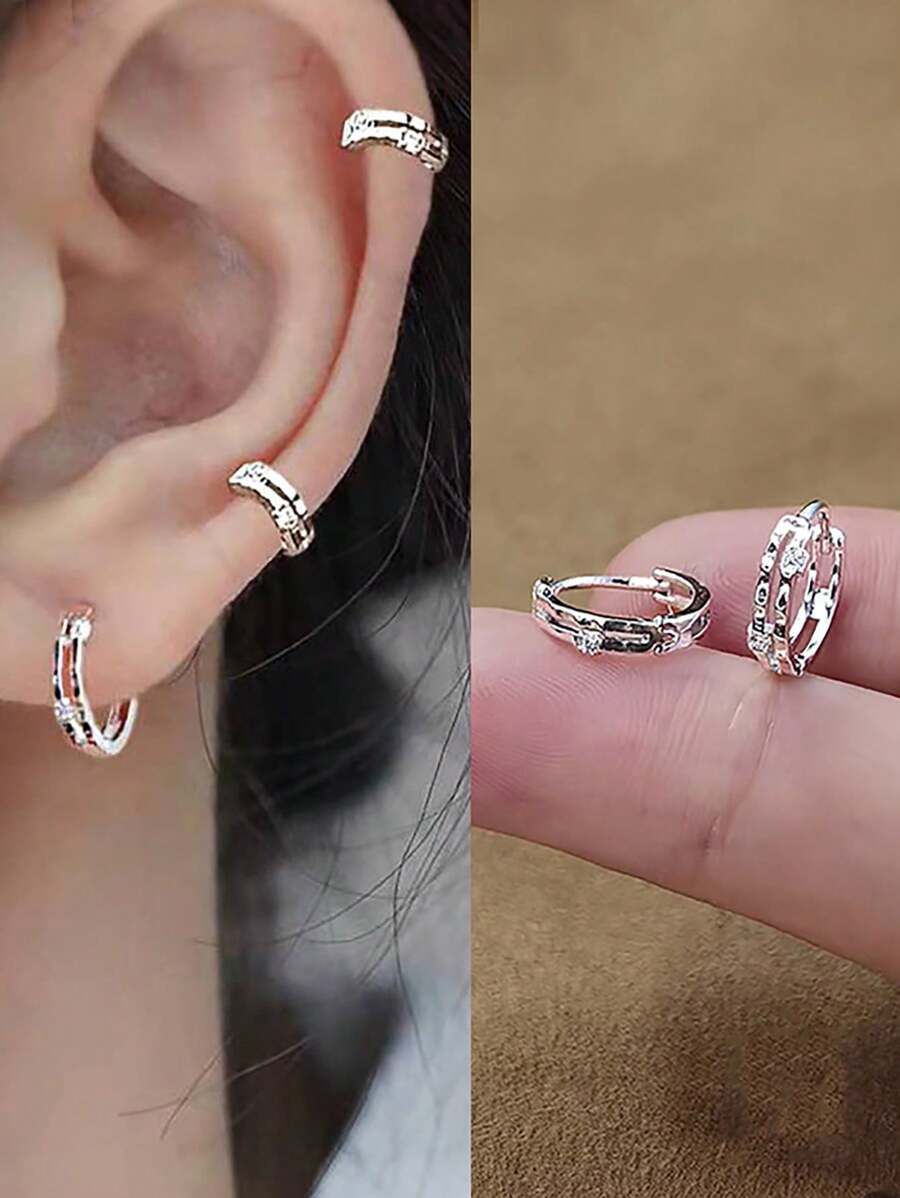 1雙優雅S925純銀微鑲嵌方晶鋯石圓耳環合適的適用於女性日常穿著 - 銀色 - 查看 1