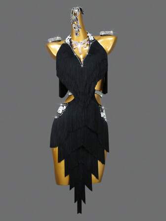 ABC Dancing Neues professionelles Lateintanzkleid für Frauen, fransenbesetztes Lateintanz-Kostüm für Auftritte, sexy Outfit für Bühnenshow und Club-Tanz