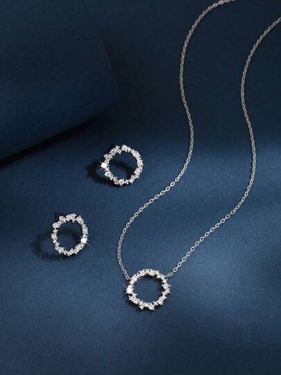 SYMFNY plata 925 minimalista diamante círculo Collar Pendientes Bisutería Bisutería 1 Set