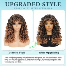 Synthetic Heat Resistant Wigs Bouncy Curls Wigs With Bangs Ombre Brown 18inch Chemical Fiber Wig Bangs Wig Daily Used Easy To Wear Beginner Friendly Big Bouncy Fluff Curly Wigs - 漸層 - 查看 4