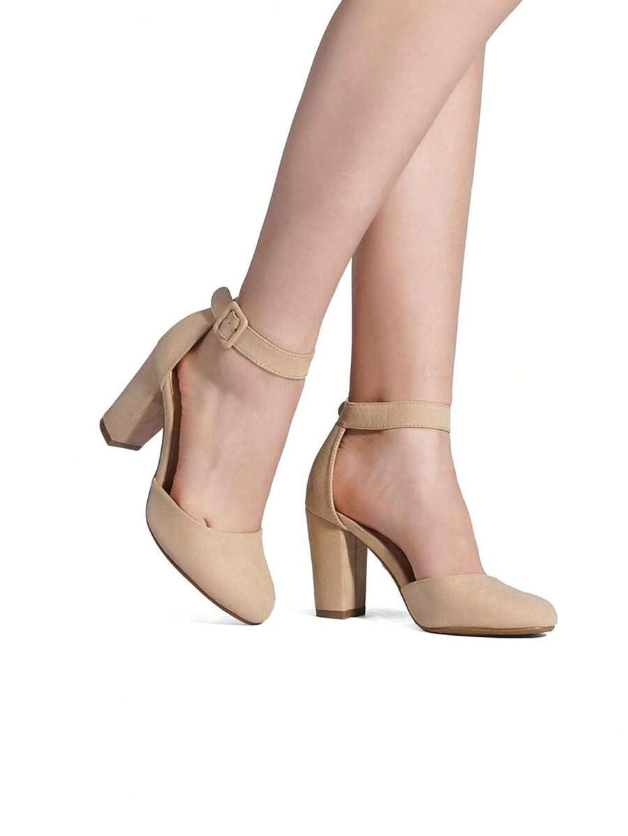 Women High Heel Closed Toe Chunky Prom Wedding Pumps Shoes - 杏色 - 查看 1