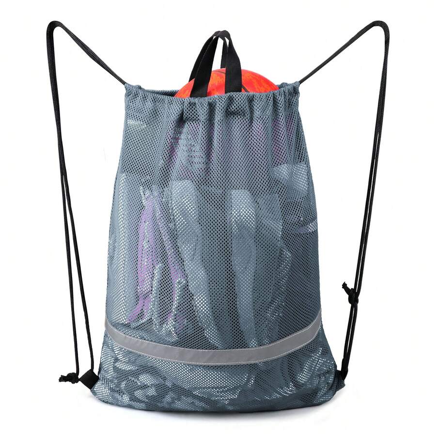 Classic Grey Mesh Drawstring Bag With Zipper Pocket Foldable Beach Bag For Swimming Sports Football Soccer Kickboard Washable Gear Backpack Reflective Large Bag Fins - Grey - View 1