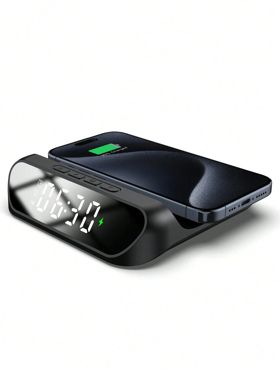 15W二合一无线充电器兼时钟，兼容支持Qi标准的智能手机，兼容 8/X/11/12/13/14/15/16/17系列无线充电器 - 黑色 - 查看 1