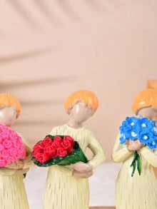 4入情人節主題樹脂藝術裝飾雕像,帶有花束和木雕靈感設計 - 彩色 - 查看 7