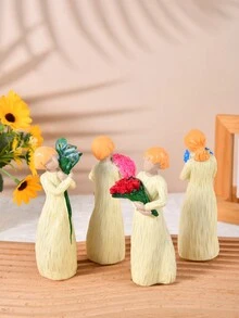 4入情人節主題樹脂藝術裝飾雕像,帶有花束和木雕靈感設計 - 彩色 - 查看 3