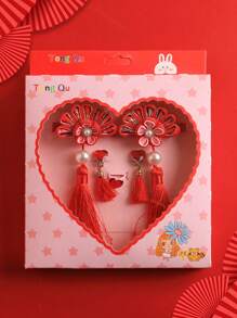 1入組中式復古女孩髮夾公主長流蘇頭飾兒童紅色傳統花朵發飾新年髮飾 - 紅色 - 查看 1