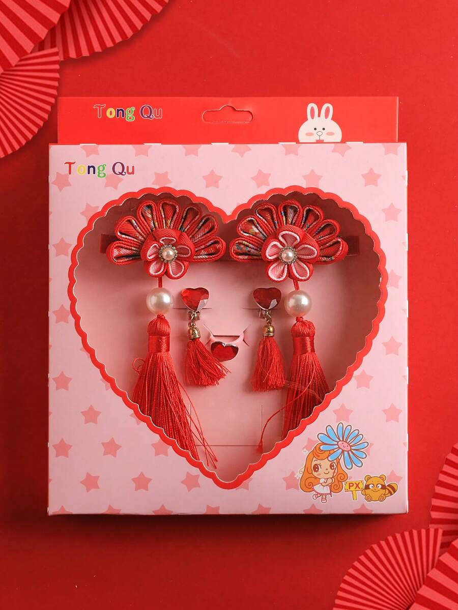 1入組中式復古女孩髮夾公主長流蘇頭飾兒童紅色傳統花朵發飾新年髮飾 - 紅色 - 查看 1