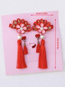 1入組中式復古女孩髮夾公主長流蘇頭飾兒童紅色傳統花朵發飾新年髮飾 - 紅色 - 查看 8
