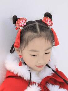 1入組中式復古女孩髮夾公主長流蘇頭飾兒童紅色傳統花朵發飾新年髮飾 - 紅色 - 查看 7