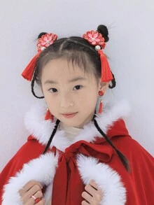 1入組中式復古女孩髮夾公主長流蘇頭飾兒童紅色傳統花朵發飾新年髮飾 - 紅色 - 查看 5