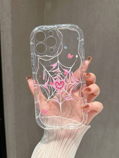 Valentines Transparent Creamy Texture Phone Case With Spider Web Design, Compatible With Iphone 16 Pro Max, Cute Heart Protective Cover Compatible With Iphone 15/14/13, Anti-Drop