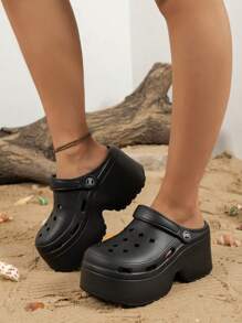 Women 7.5cm Heel Height Hole Shoes, Classic Simple Outdoor Beach Slippers, Summer High Heel Sandals With 4cm Waterproof Platform, 2024 New Eva Model, Low Profile, Solid Color Female Thick-Soled Hollow-Out Beach Sandals