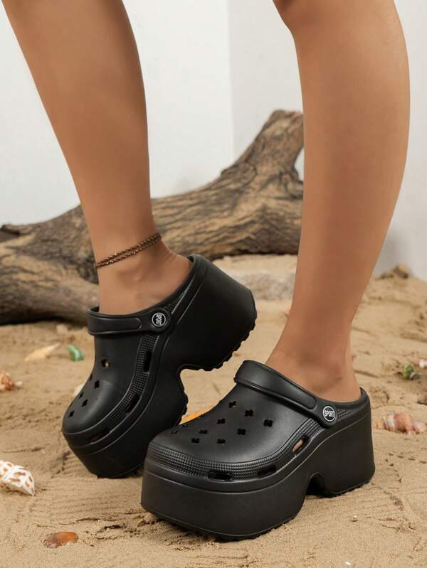 Women 7.5cm Heel Height Hole Shoes, Classic Simple Outdoor Beach Slippers, Summer High Heel Sandals With 4cm Waterproof Platform, 2024 New Eva Model, Low Profile, Solid Color Female Thick-Soled Hollow-Out Beach Sandals