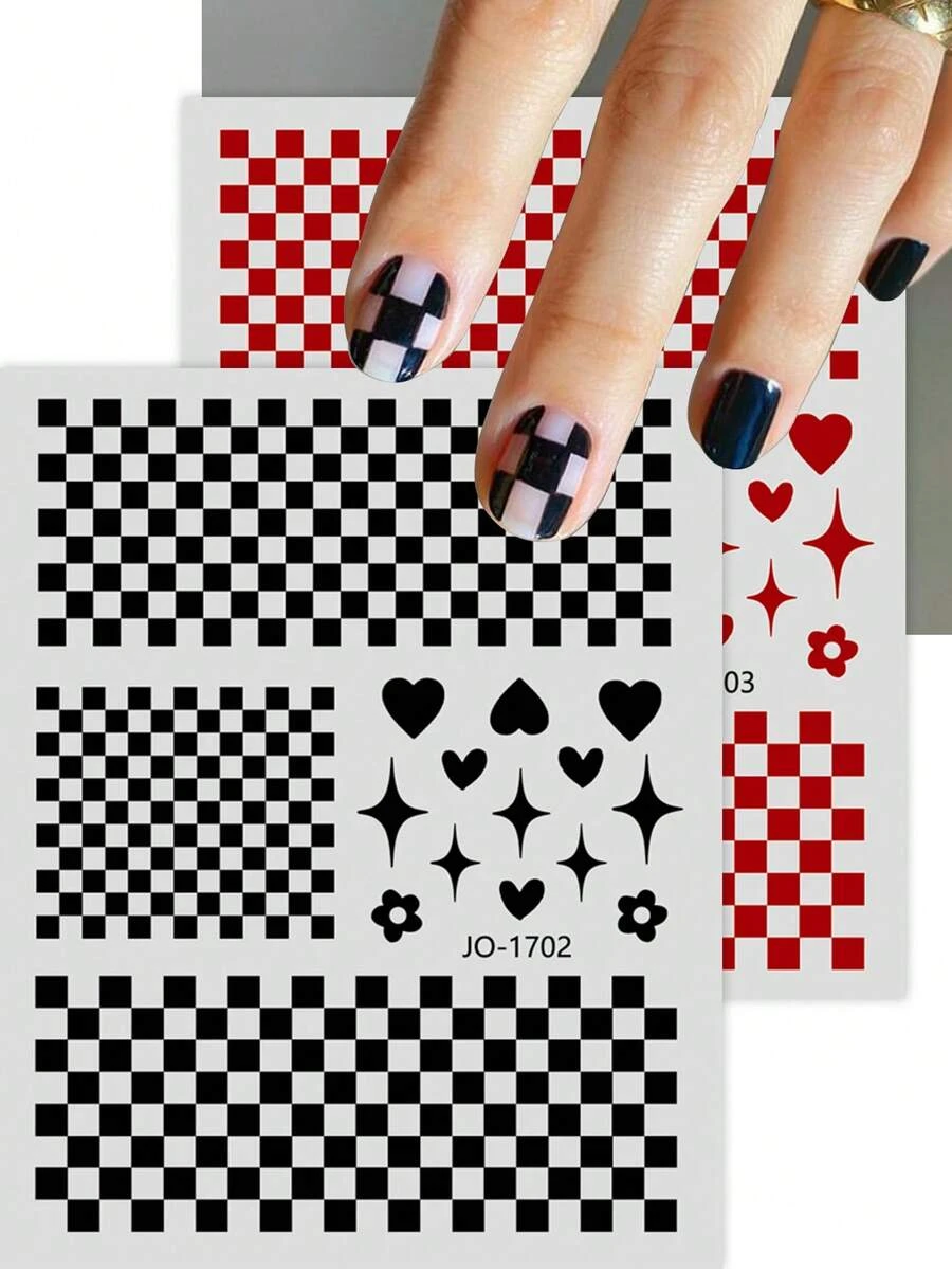 2入組自粘方格網美甲3d彩色貼紙貼花,紅磨毛圖案 - 彩色 - 查看 1