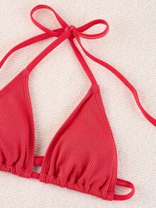 2pcs/Set Ribbed Red Triangle Bikini With Strappy Details And Swimwear Bottoms Summer - Red - View 4