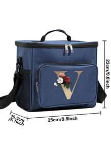 保溫午餐盒袋帶肩帆布袋保溫午餐盒初始名字a至z金色字母花印花大容量手提袋女性便攜式工作食品存儲手袋冷藏盒辦公室學校野餐露營旅行冷藏袋野餐袋 - 藍色 - 查看 3
