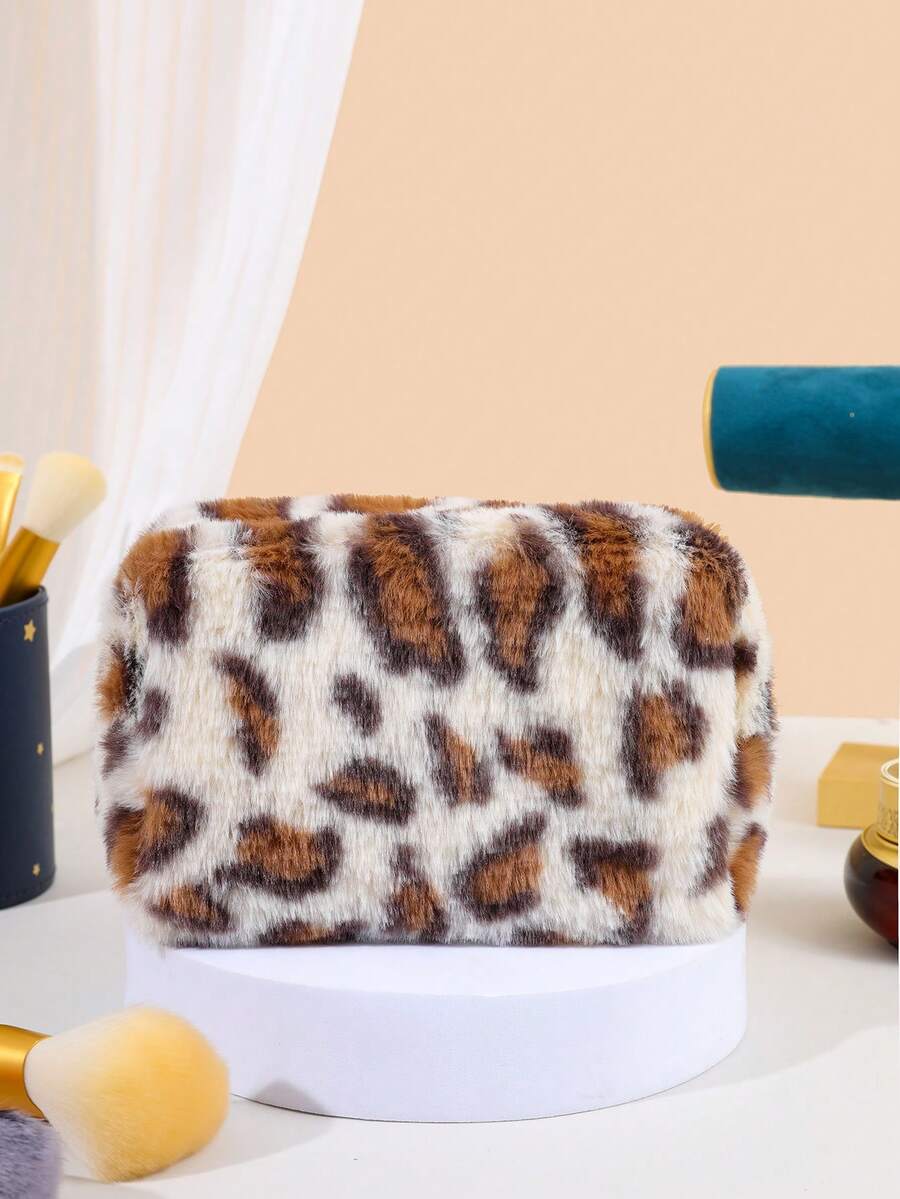 1個可愛的毛絨化妝包,豹紋八角包,暖冬便攜式手拿包,時尚化妝品組織器,多功能旅行收納包 - 白色 - 查看 1