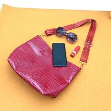 鱷魚紋肩帶女包,歐美風格大容量手提包和斜跨包,適合女士使用 - 酒紅色 - 查看 5