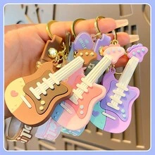 1pc Creative Guitar Shaped Keychain For Bag Decoration, Girls' Candy Colored Bag Accessory - Pink - View 2