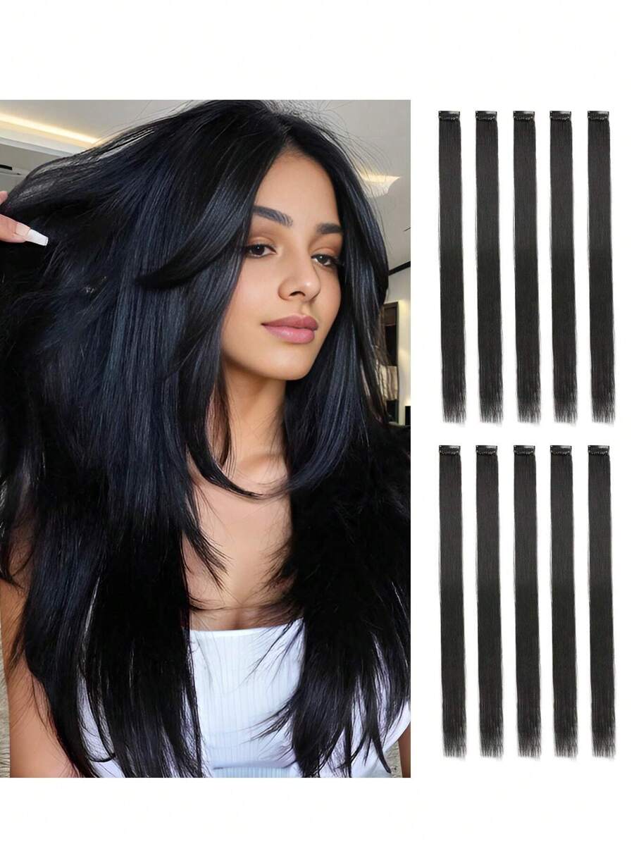 Colored Hair White Orange Black Red Pink Grey Purple Extensions Party Highlights Clip Hair 22 Inch, Straight Hairpiece Clip In Synthetic Streak For Girls Women Hair Used Dairy Holiday New Year Gifts 10Pcs/Pack