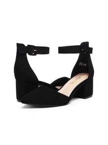 Women Pointed Toe Low Chunky Heels Pumps Ankle Strap Elegant Simple Shoes - Black - View 4