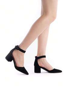 Women Pointed Toe Low Chunky Heels Pumps Ankle Strap Elegant Simple Shoes - Black - View 9
