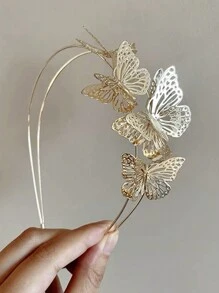 1pc Metal Double Layered Hollow Out Butterfly Decor Headband For Women, Fairy Garbage Headwear, Vintage Mori Style Hair Accessories - Gold - View 7