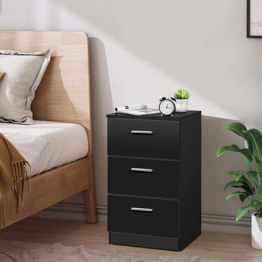Mesita de noche, mesita de noche de madera, mesita de noche con cajones, consola de noche, mesa auxiliar, mesa de almacenamiento, mesa de teléfono para dormitorio, sala de estar - Negro - Ver 1