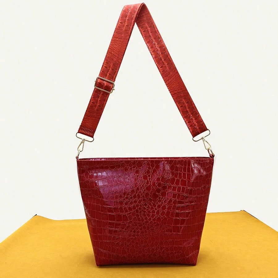 鱷魚紋肩帶女包,歐美風格大容量手提包和斜跨包,適合女士使用 - 酒紅色 - 查看 1