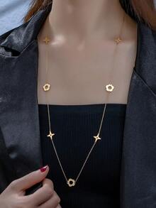 1 件時尚輕奢精緻女式鏈條項鍊,適合毛衣,簡約設計 - 金黃色 - 查看 1