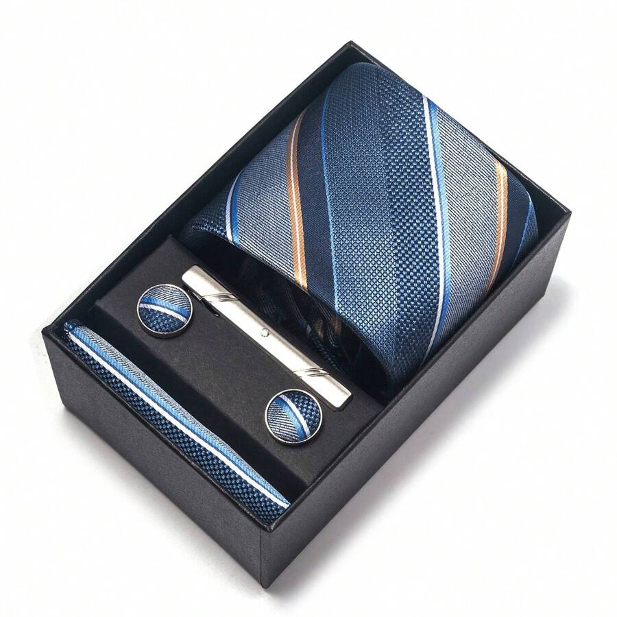 AlanKing 1 套男士条纹领带、手帕和袖扣礼盒套装，蓝色领带 7.5 厘米，适合节日、婚礼、工作男士领带