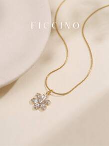 FICCINO Collar colgante floral FICCINO, chapado en oro con circonita cúbica, cadena de acero de titanio dorado, collar elegante para mujer, gargantilla versátil, incluye caja de regalo para festivales y aniversarios