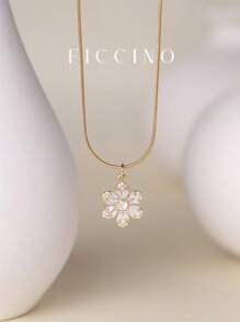 FICCINO Collar colgante floral FICCINO, chapado en oro con circonita cúbica, cadena de acero de titanio dorado, collar elegante para mujer, gargantilla versátil, incluye caja de regalo para festivales y aniversarios