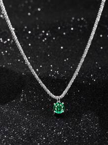 1入組精美方晶鋯石吊墜銀項鍊適合女士日常裝飾 - 綠色 - 查看 1