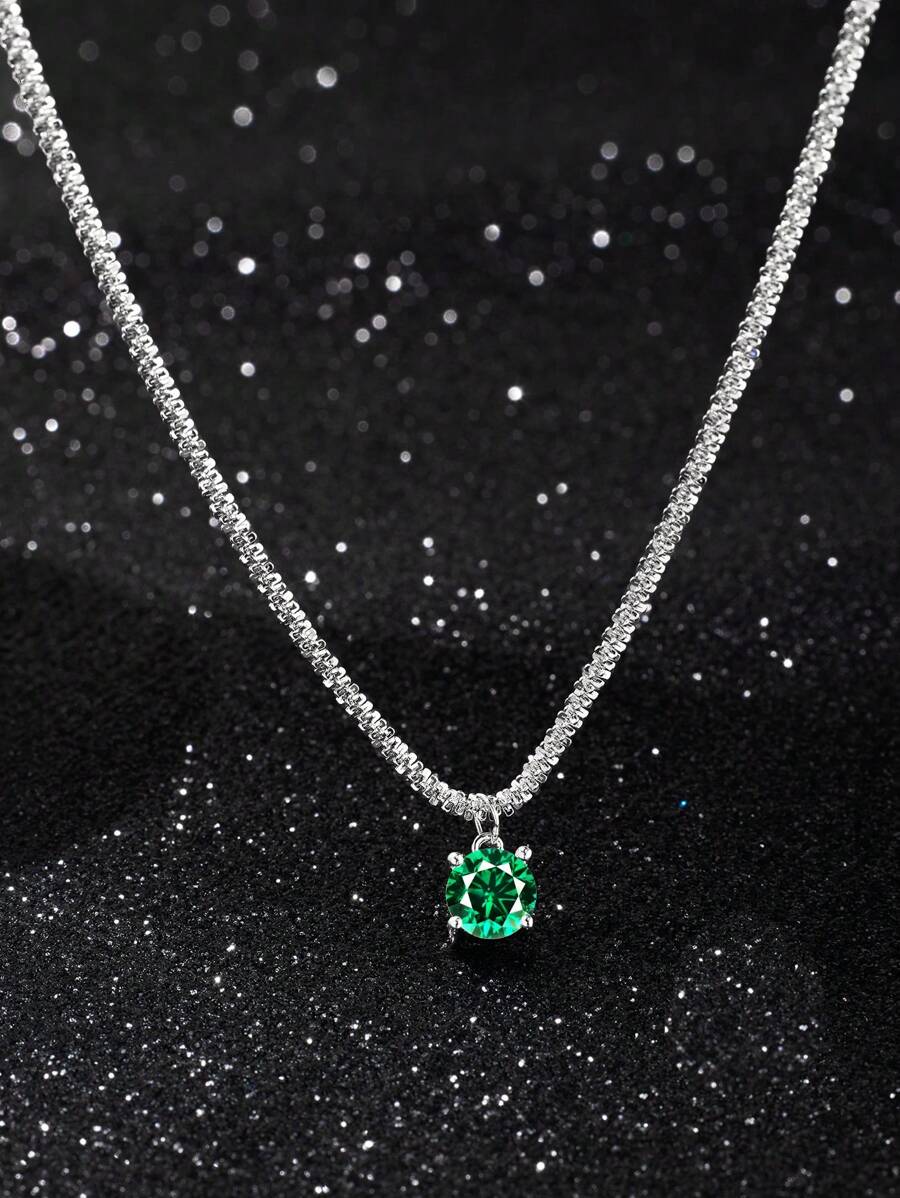 1入組精美方晶鋯石吊墜銀項鍊適合女士日常裝飾 - 綠色 - 查看 1