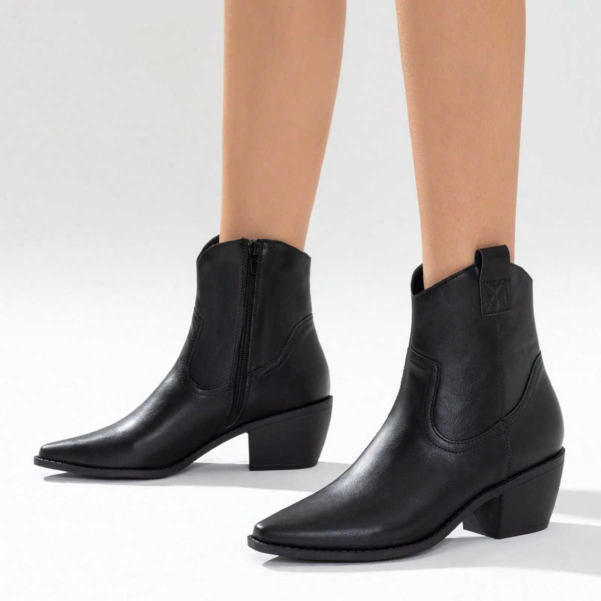 Botas occidentales de tacón grueso con punta puntiaguda y cremallera lateral para mujer, botas de tobillo de cuero negro minimalistas y de moda