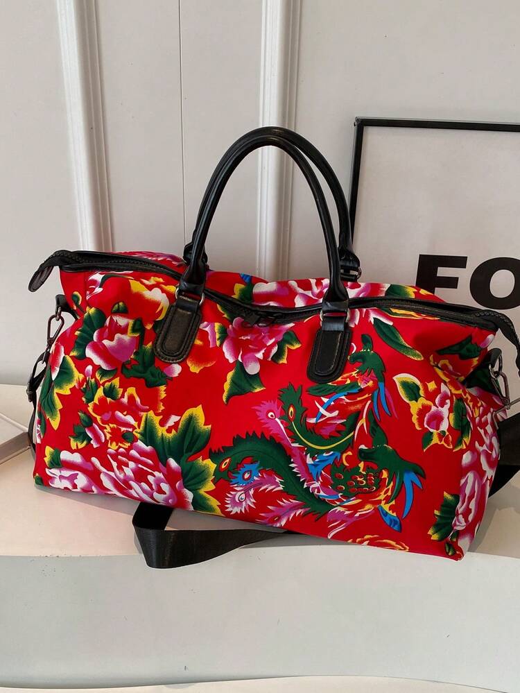 New Large Flower Pattern Travel Bag Handheld Yoga Bag Fitness Training Duffel Shoulder Tote Luggage Bag - Red - View 4