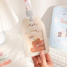 1入組小熊PU領卡套女孩ID卡套學生門禁卡餐卡袋透明公車卡袋顏色隨機照片卡片套校園文具 - 彩色 - 查看 7