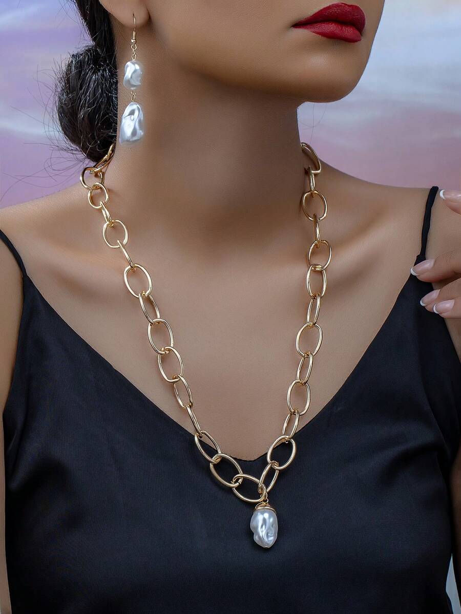 1 套（2 件）2024 新款时尚巴洛克仿珍珠女士项链配耳环，适合生日派对、节日、日常佩戴。设计简约、优雅、性感。 - 彩色 - 查看 1