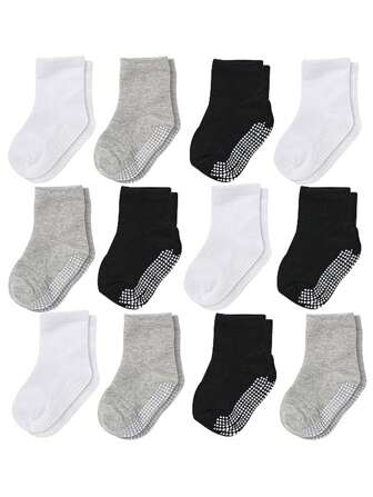12 Pairs Crew Socks With Non Slip/Anti Skid Soles For Baby Infants Toddlers Kids Boys Girls