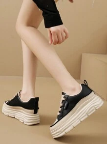 Zapatos Informales Para Niña Con Suela Gruesa Para Aumentar La Altura, Resistente Al Desgaste, Parte Superior PU, Estilo Simple, Adecuados Para Otoño, Combina Con Todo