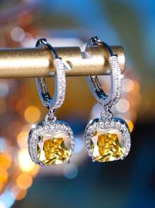 1 Par De Elegantes Y Nobles Pendientes De Lujo Para Mujeres Con Forma Cuadrada Y Piedra Artificial Chapados En Platino, Regalo Perfecto Para Citas