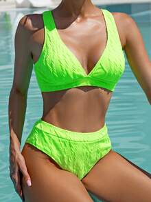 Summer Beach Textured Fabric Solid Color Neon Bikini Set - Green - View 4