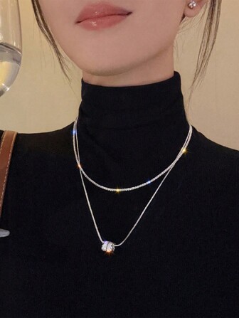 女性用不褪色雙層嘻哈風格鑲鑽腰部毛衣鏈項鍊,以鈦鋼為材料