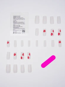 24pcs White Fake Nails, Press On Nails With Sexy Lipstick Print Design, Sweet And Cute False Nails For Women Girls Daily Wear(Medium Matte Coffin Shape) - Multicolor - View 2