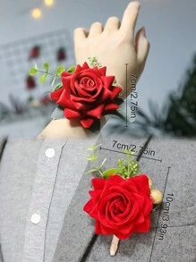 1入組人工婚禮花腕花,婚禮裝飾,伴郎伴娘婚禮花卉配件,婚禮用品 - 紅色 - 查看 3