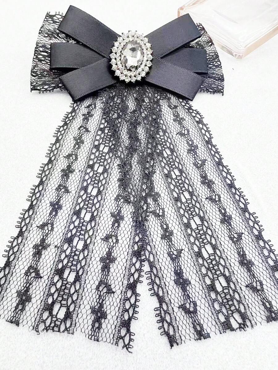 1pc Handcrafted Black Lace Hollow Out Mesh Bow Tie With Rhinestone Decor For Women's Casual Style - Black - View 1