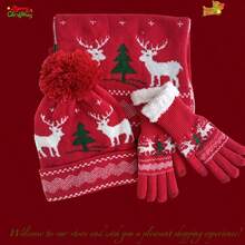 3pcs/Set Winter Warm Thermal Lined Knit Hat Scarf Gloves Set With Reindeer Pattern, Suitable For Christmas Season - White Three-piece Suit - View 6